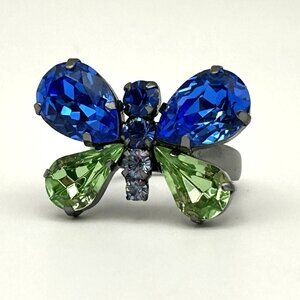COACH Butterfly Cocktail Ring Blue Green Crystal Glass Silver Tone Ring 7.75